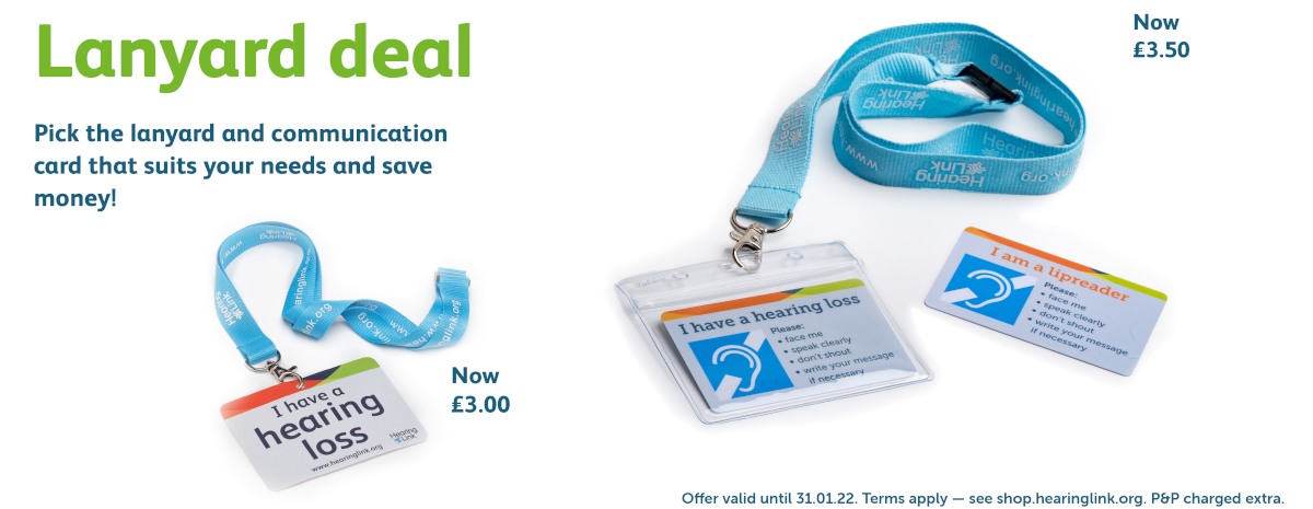 2 blue lanyards with hearing link branded cards