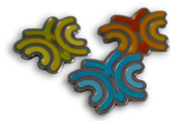 Hearing Link butterfly badges in yellow orange and blue