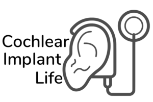 Cochlear Implant life logo, a line art sketch of an ear with cochlear implant